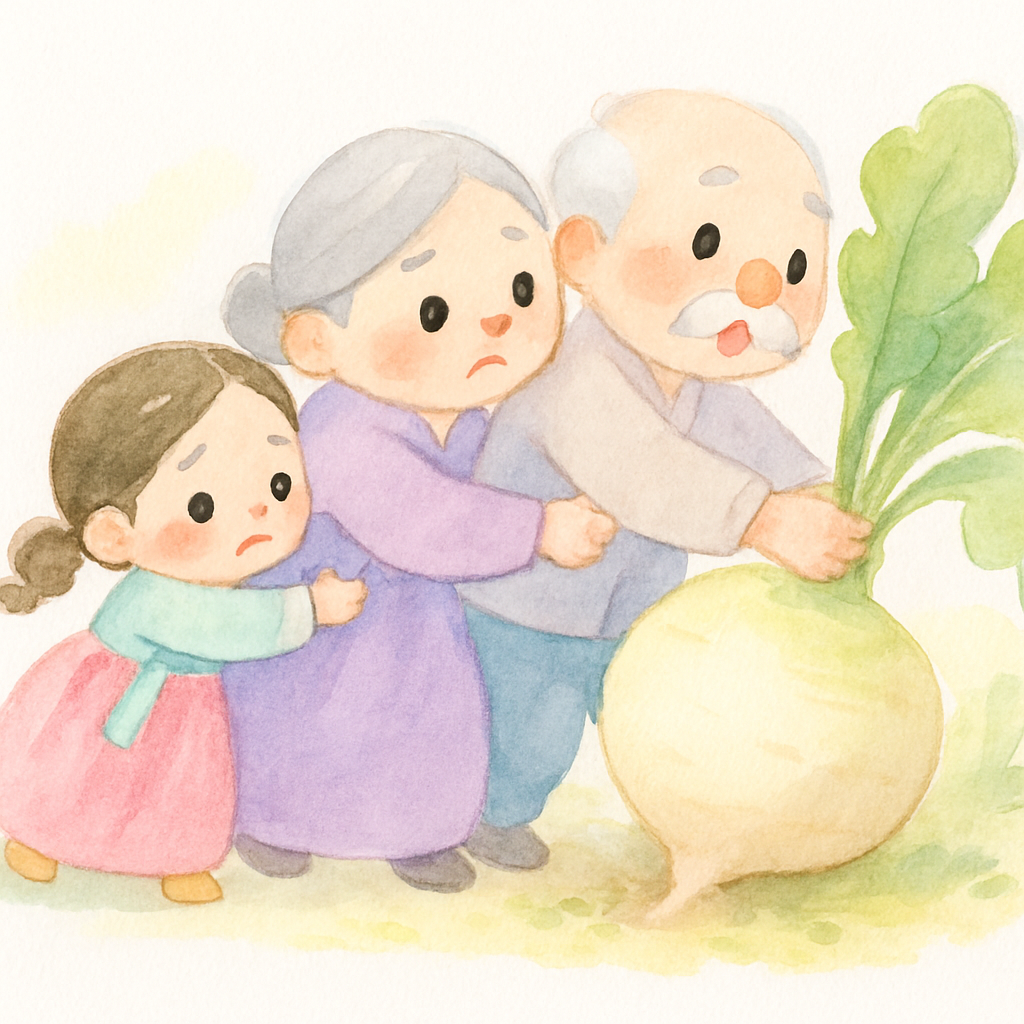 손녀, 할머니, 할아버지가 줄지어 무를 뽑으려는 장면